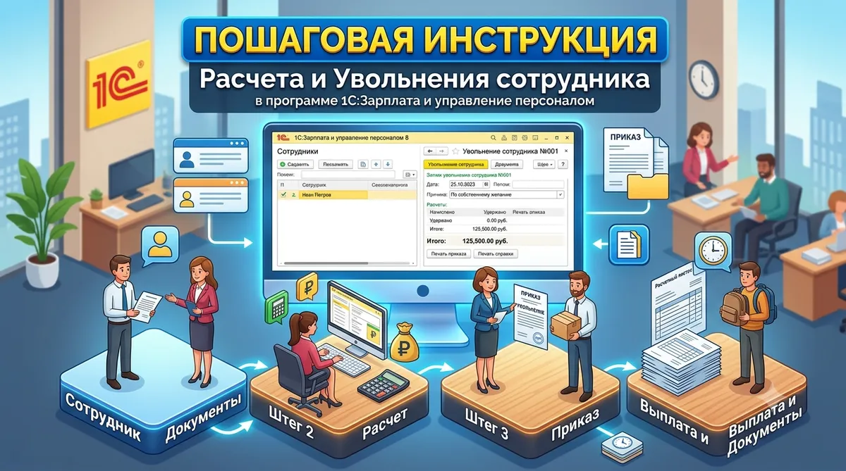 Пошаговая инструкция расчета и увольнения сотрудника в программе 1С:Зарплата и управление персоналом
